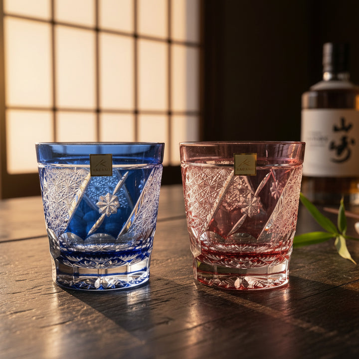 Hideaki Shinozaki chrysanthemum weave flowers rock glass pair, blue, side view, shoji screen