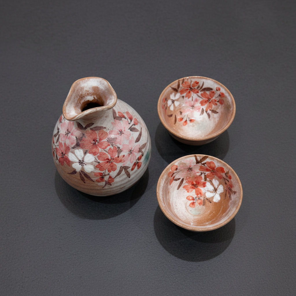 Asahido Red Clay Sakura Sake Set by Seisen-gama