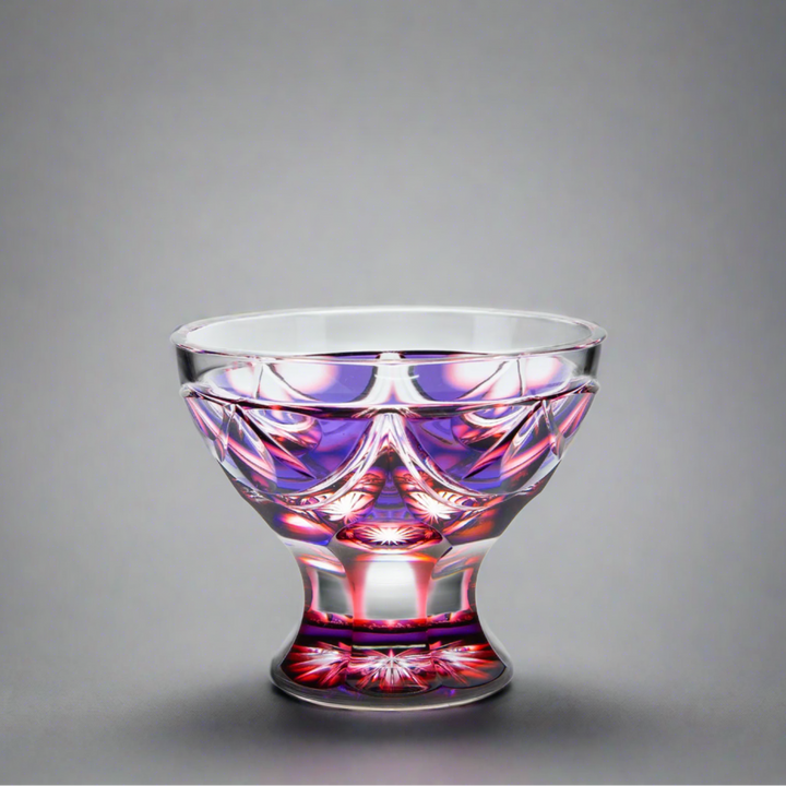 Satsuma Kiriko Legged sake glass, red and purple, side view, grey background